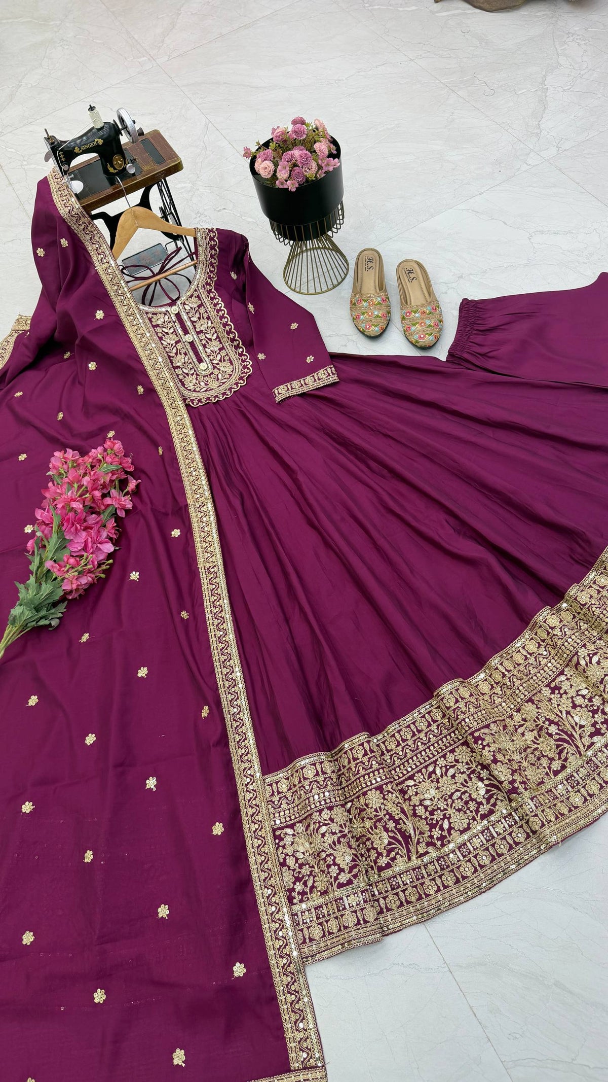 Dark Purple & Gold Embroidered Anarkali Gown Set with Dupatta
