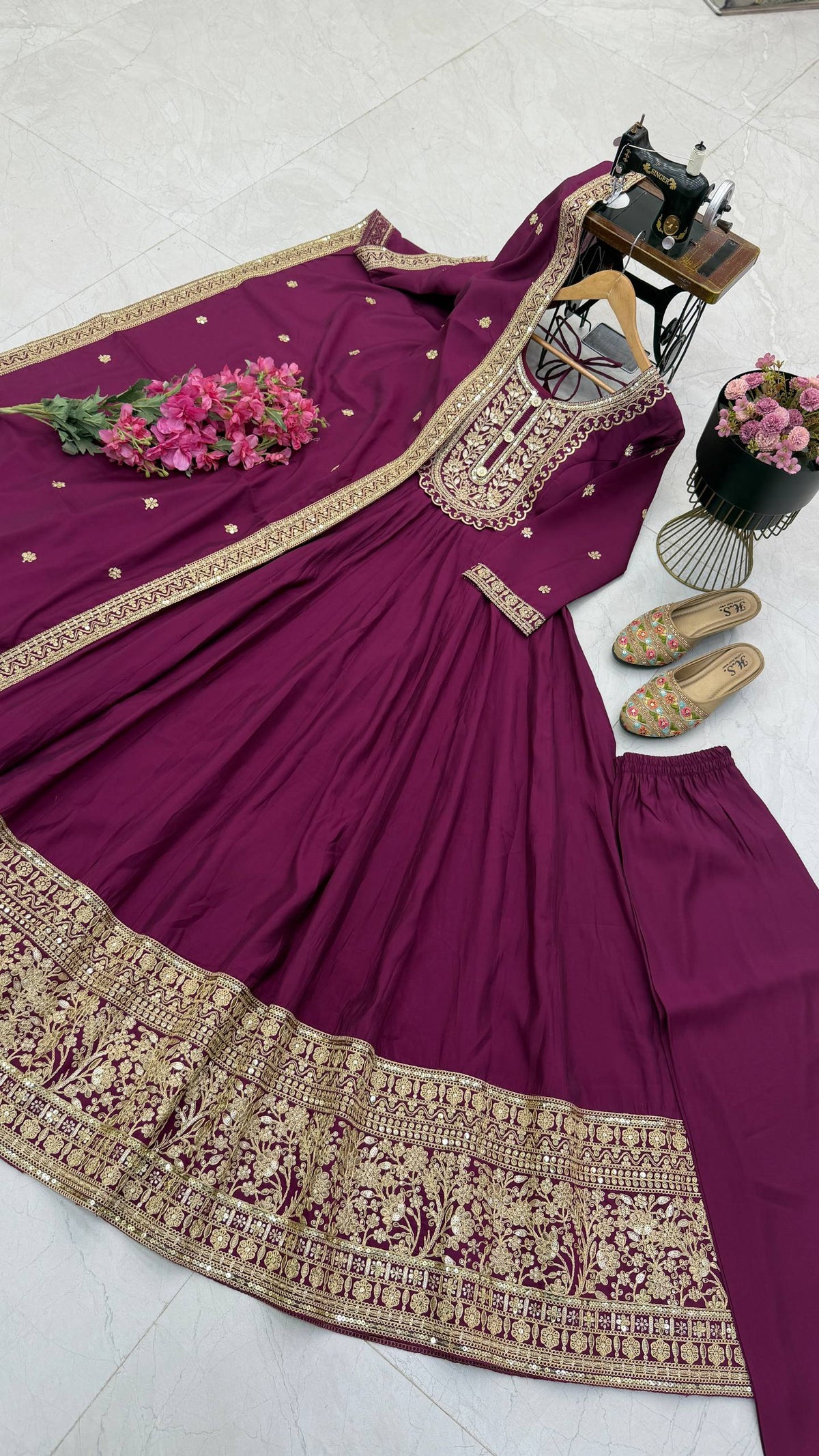 Dark Purple & Gold Embroidered Anarkali Gown Set with Dupatta