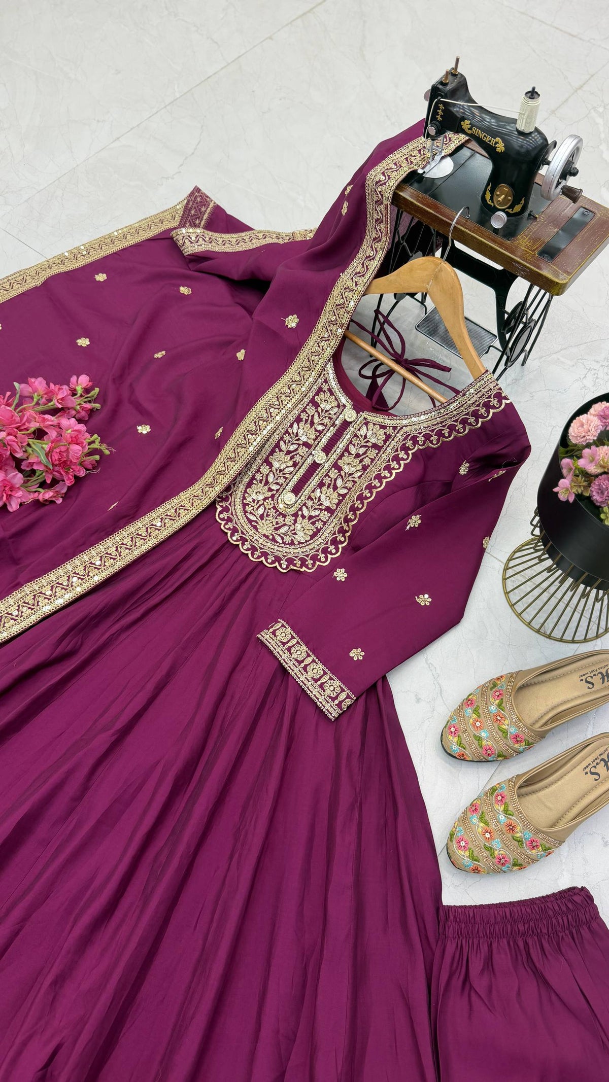Dark Purple & Gold Embroidered Anarkali Gown Set with Dupatta