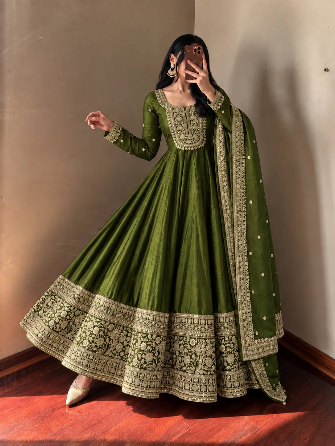 Olive & Gold Embroidered Anarkali Gown Set with Dupatta