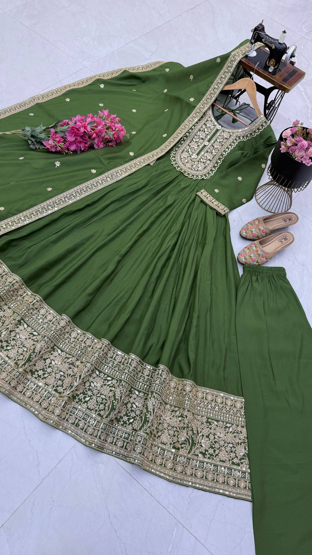 Olive & Gold Embroidered Anarkali Gown Set with Dupatta
