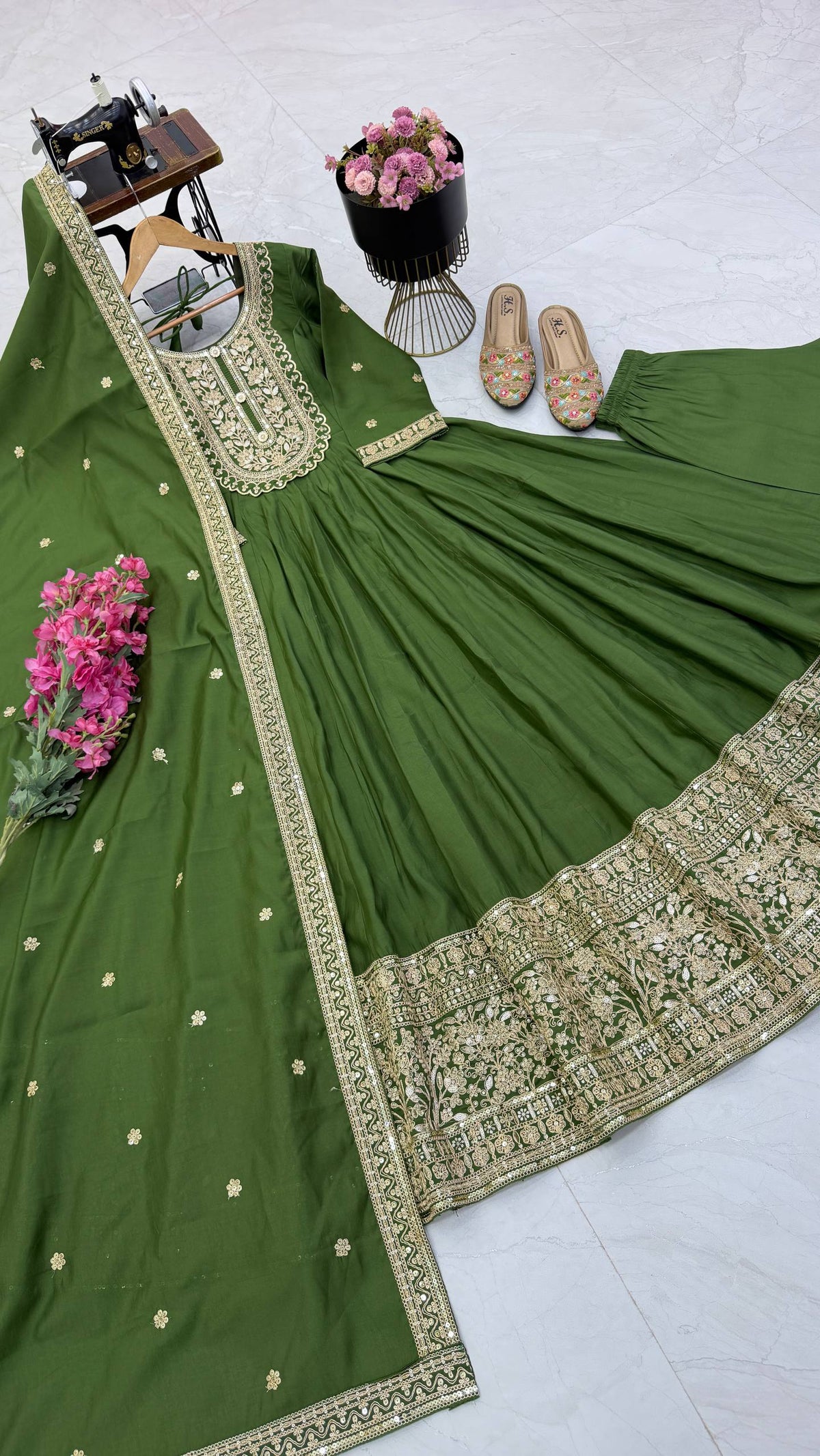 Olive & Gold Embroidered Anarkali Gown Set with Dupatta