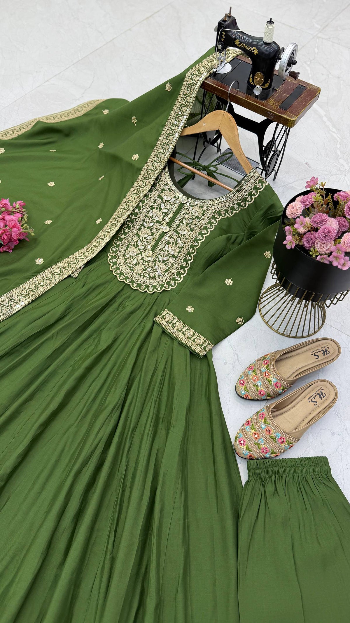 Olive & Gold Embroidered Anarkali Gown Set with Dupatta