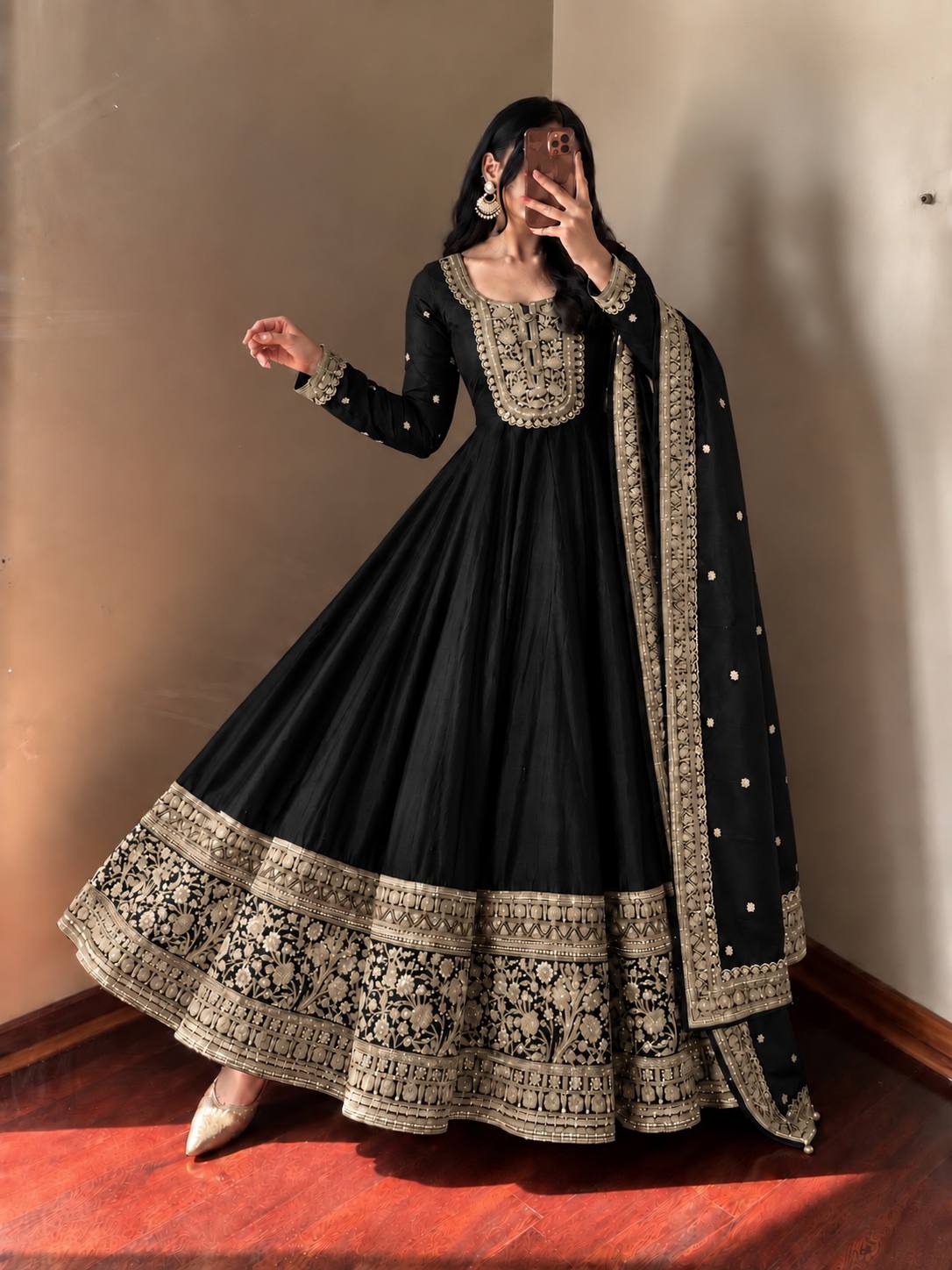 Black & Gold Embroidered Anarkali Gown Set with Dupatta