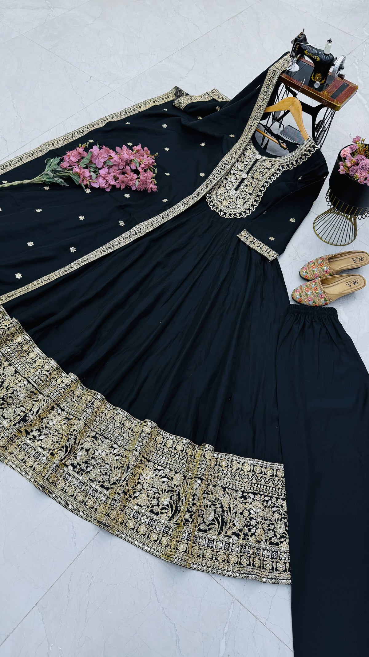 Black & Gold Embroidered Anarkali Gown Set with Dupatta