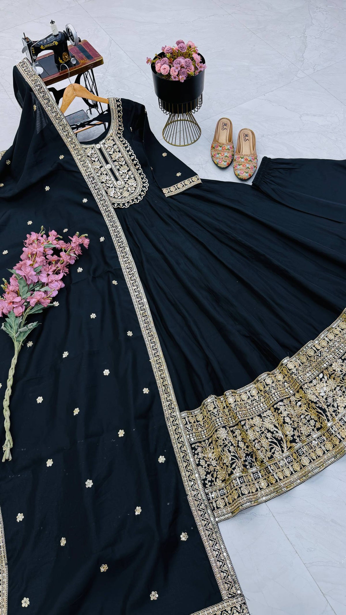 Black & Gold Embroidered Anarkali Gown Set with Dupatta