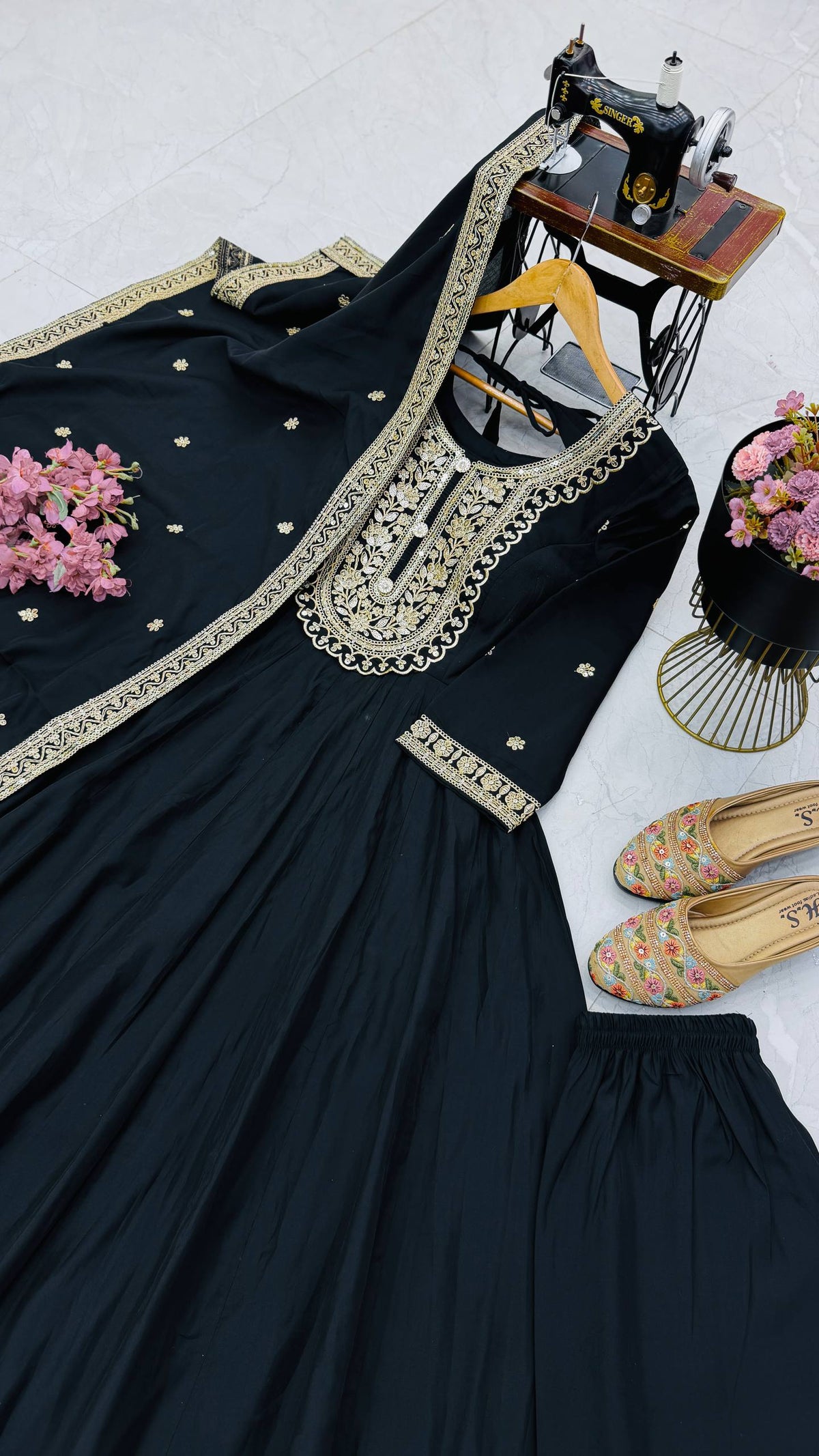 Black & Gold Embroidered Anarkali Gown Set with Dupatta