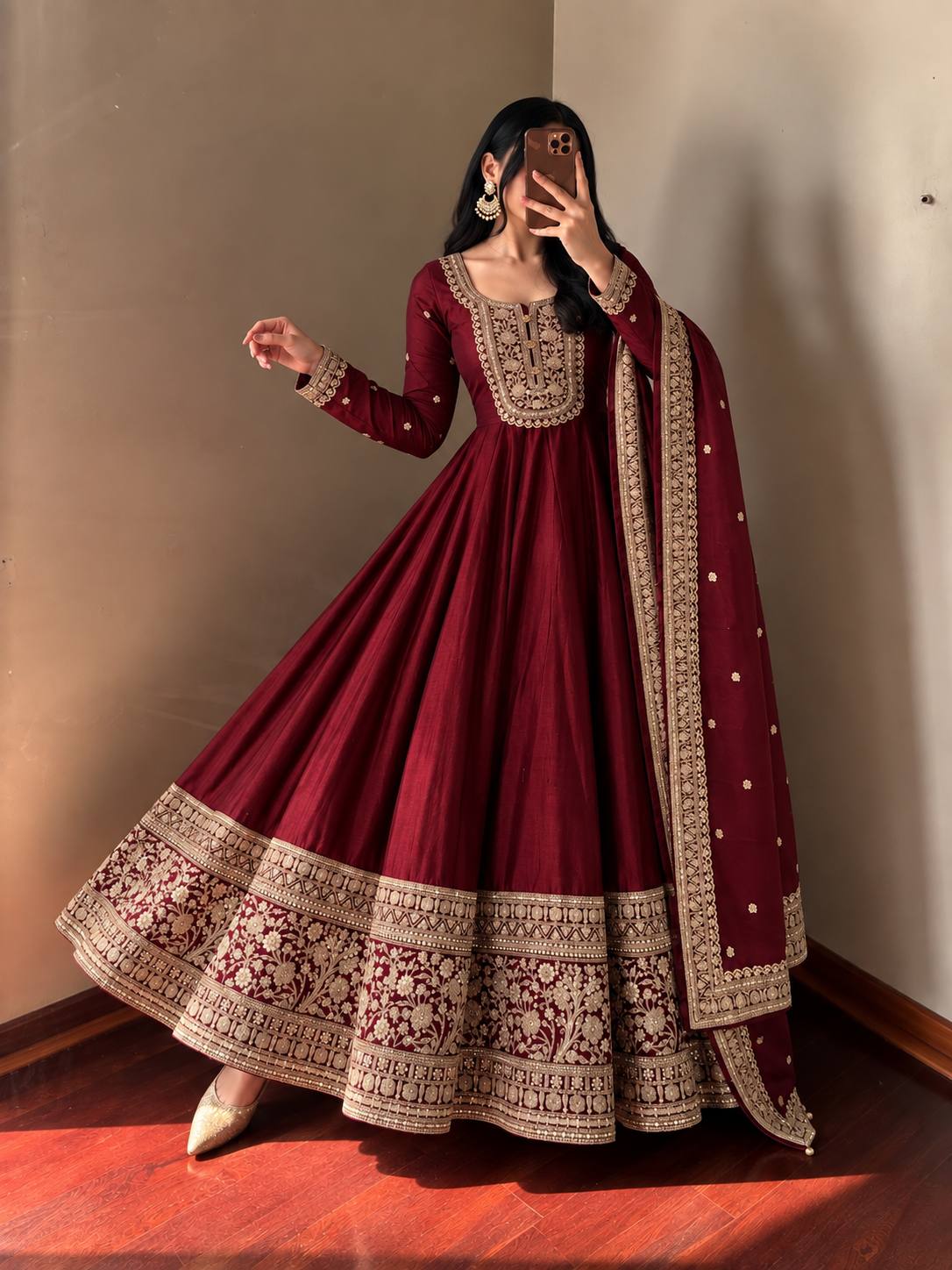 Maroon & Gold Embroidered Anarkali Gown Set with Dupatta