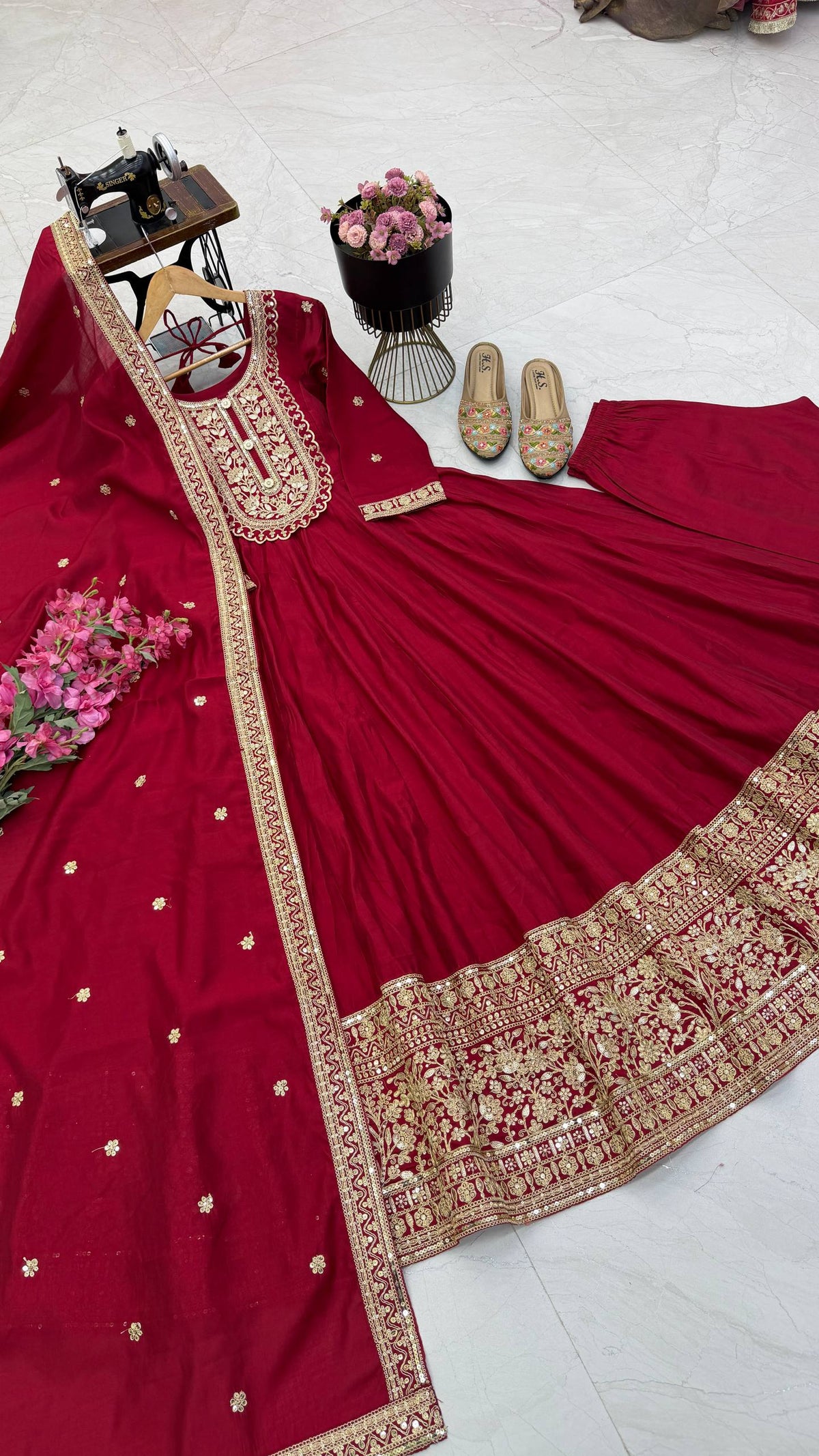 Maroon & Gold Embroidered Anarkali Gown Set with Dupatta