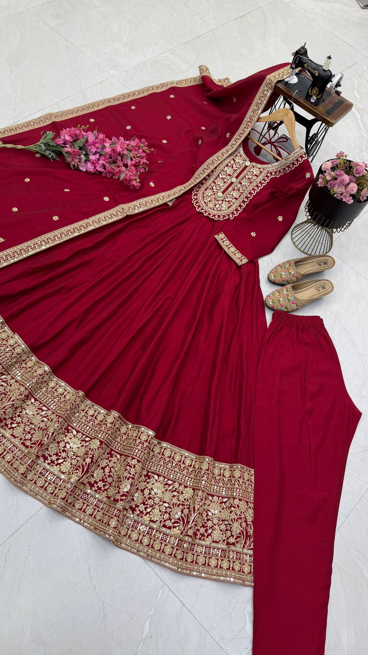 Maroon & Gold Embroidered Anarkali Gown Set with Dupatta