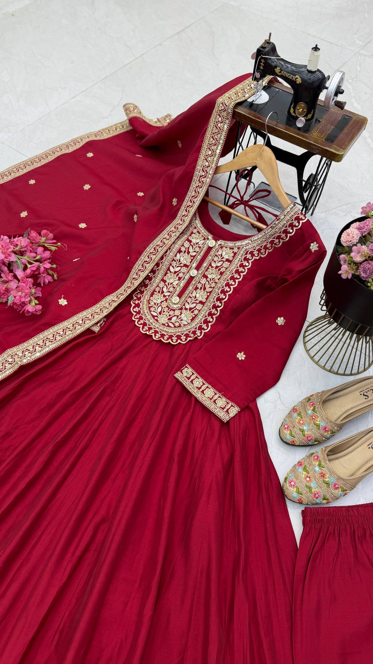 Maroon & Gold Embroidered Anarkali Gown Set with Dupatta