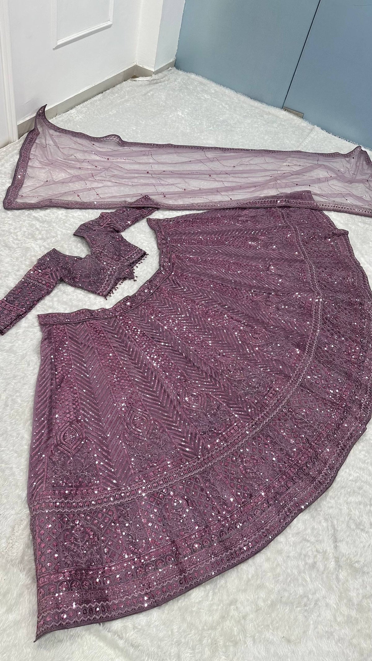Dusty Plum Mauve Sequins Bridal Lehenga Choli with Net Dupatta