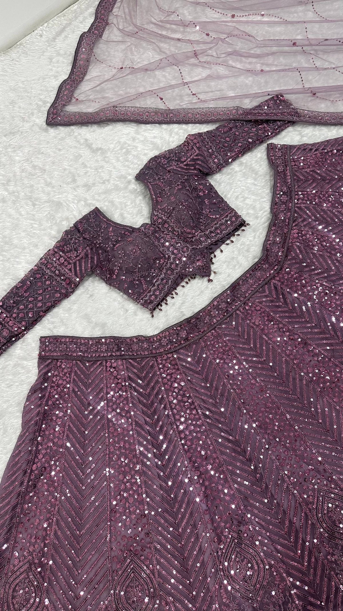 Dusty Plum Mauve Sequins Bridal Lehenga Choli with Net Dupatta