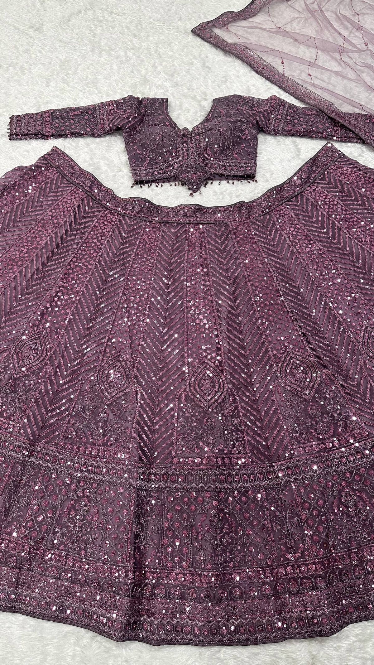 Dusty Plum Mauve Sequins Bridal Lehenga Choli with Net Dupatta