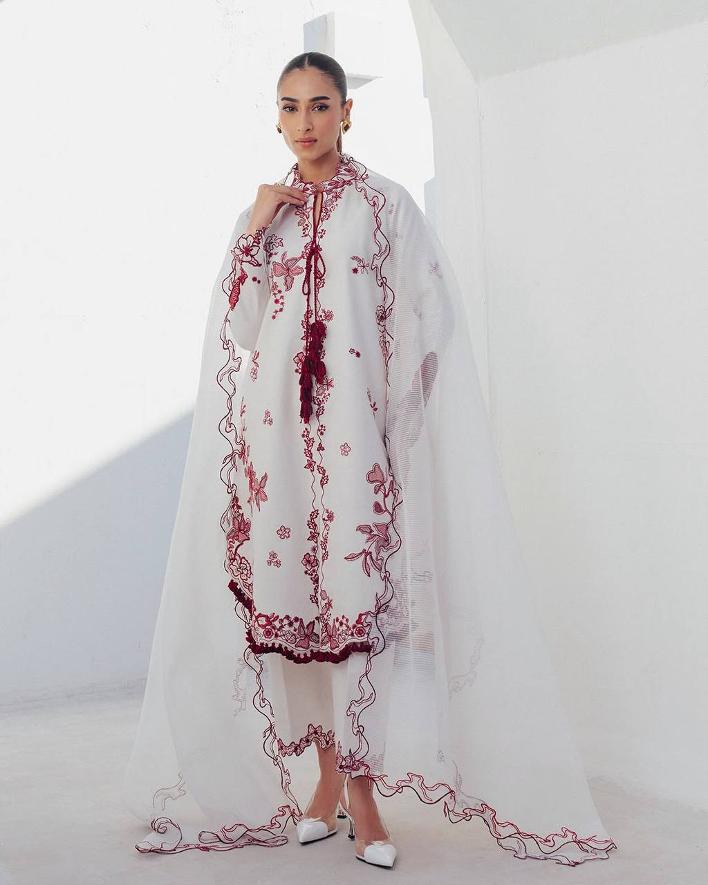 White & Maroon Floral Embroidered Pakistani Suit