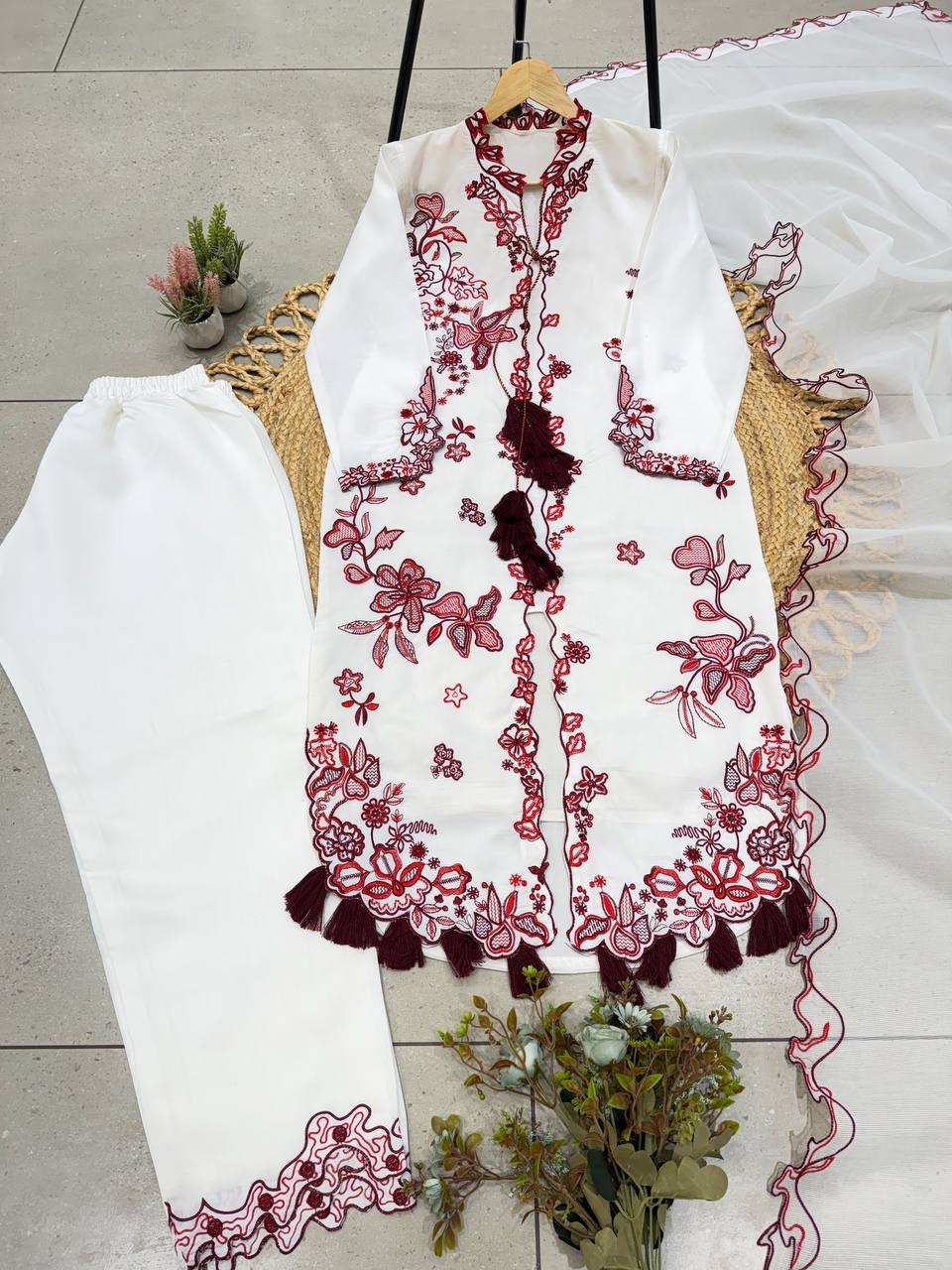 White & Maroon Floral Embroidered Pakistani Suit