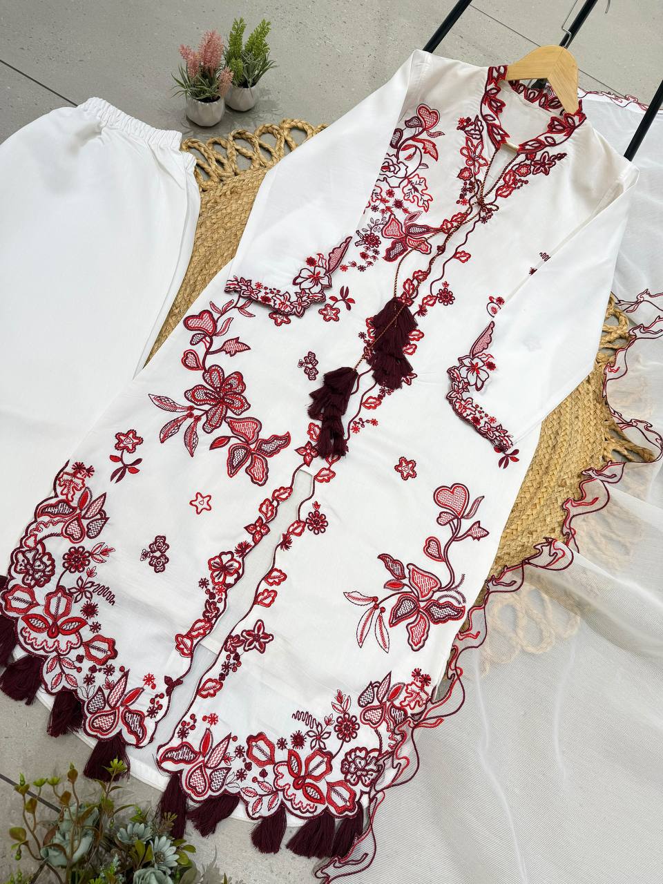 White & Maroon Floral Embroidered Pakistani Suit