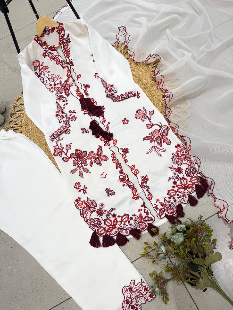 White & Maroon Floral Embroidered Pakistani Suit