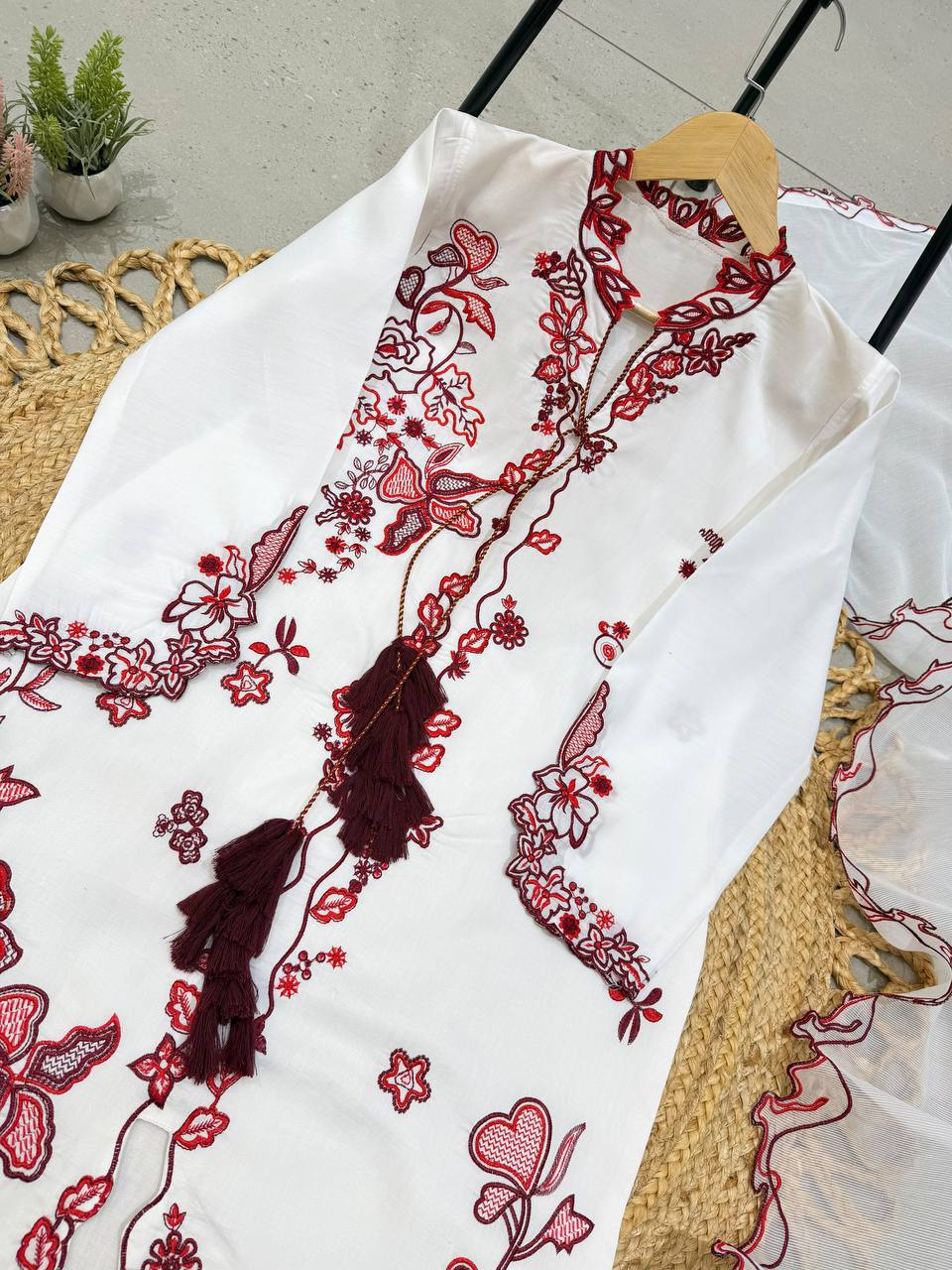 White & Maroon Floral Embroidered Pakistani Suit