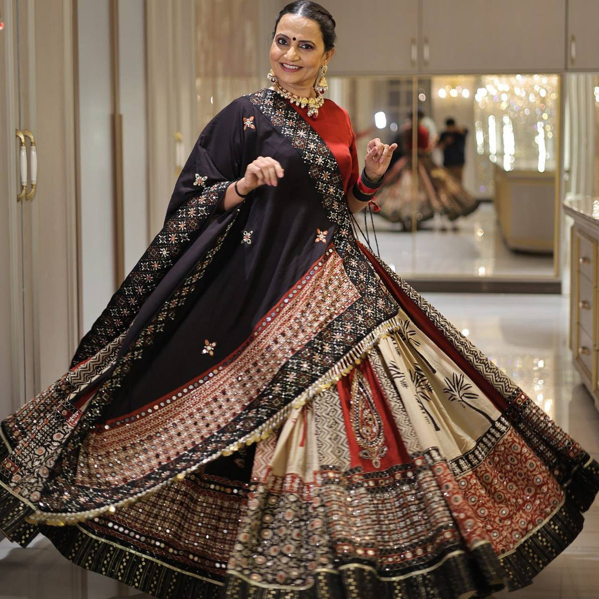 Black-Red Digital Printed Mirror Work Navratri Lehenga Choli