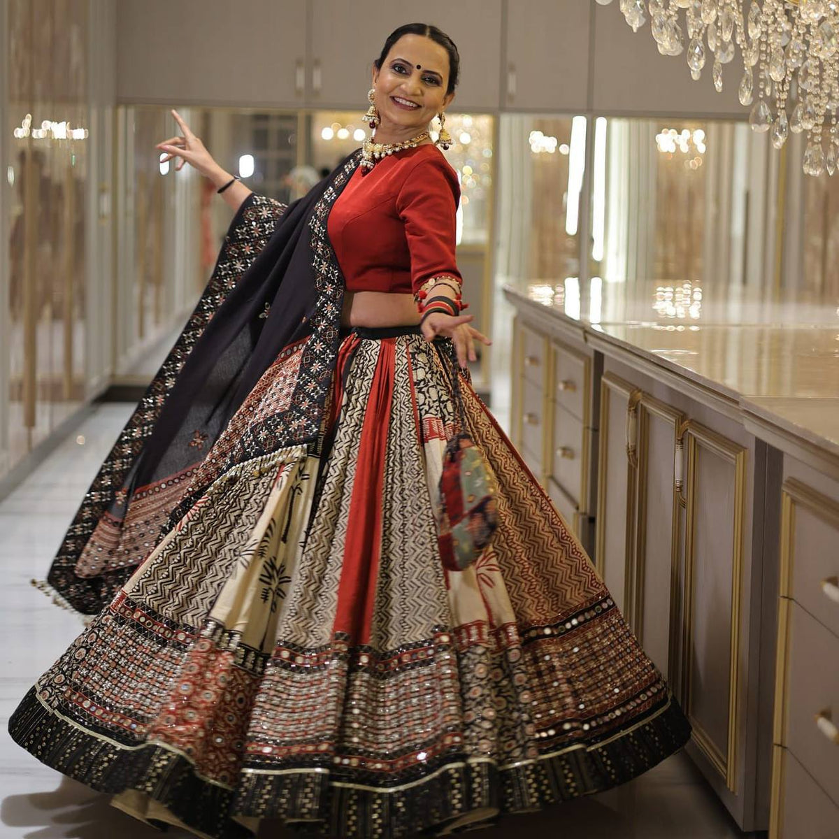 Black-Red Digital Printed Mirror Work Navratri Lehenga Choli