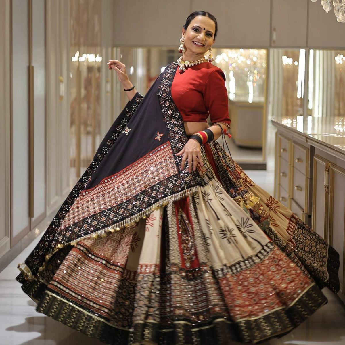 Black-Red Digital Printed Mirror Work Navratri Lehenga Choli
