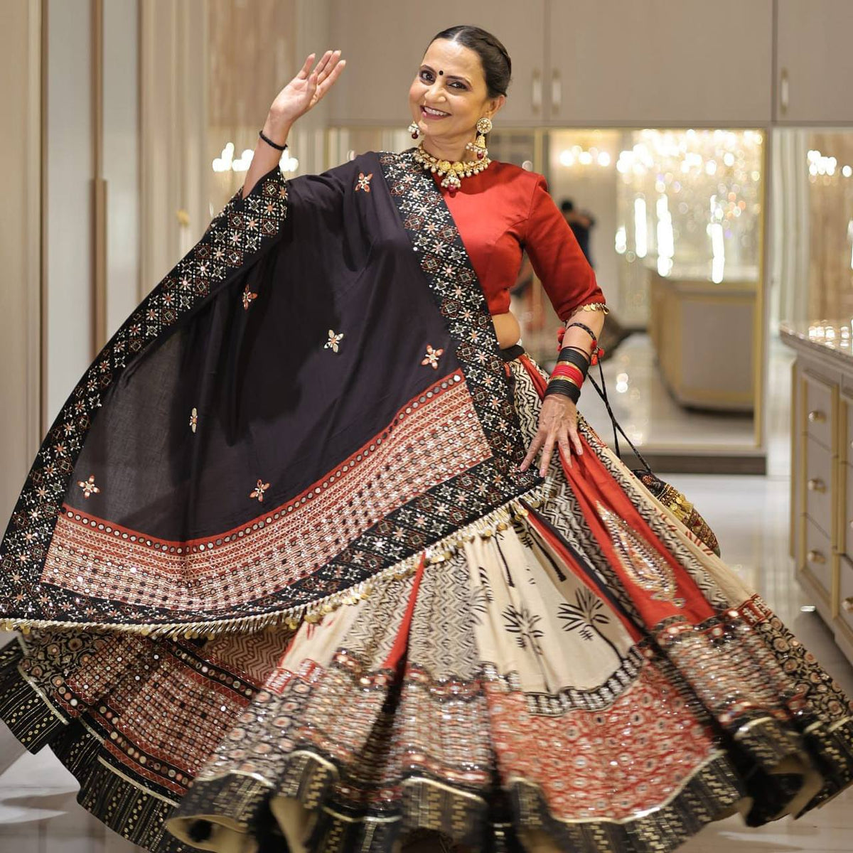 Black-Red Digital Printed Mirror Work Navratri Lehenga Choli
