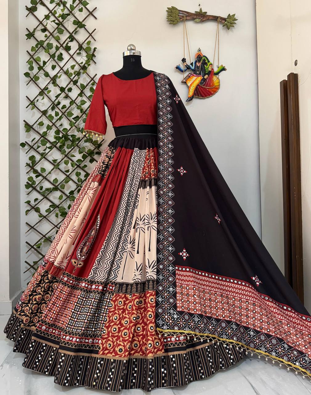 Black-Red Digital Printed Mirror Work Navratri Lehenga Choli