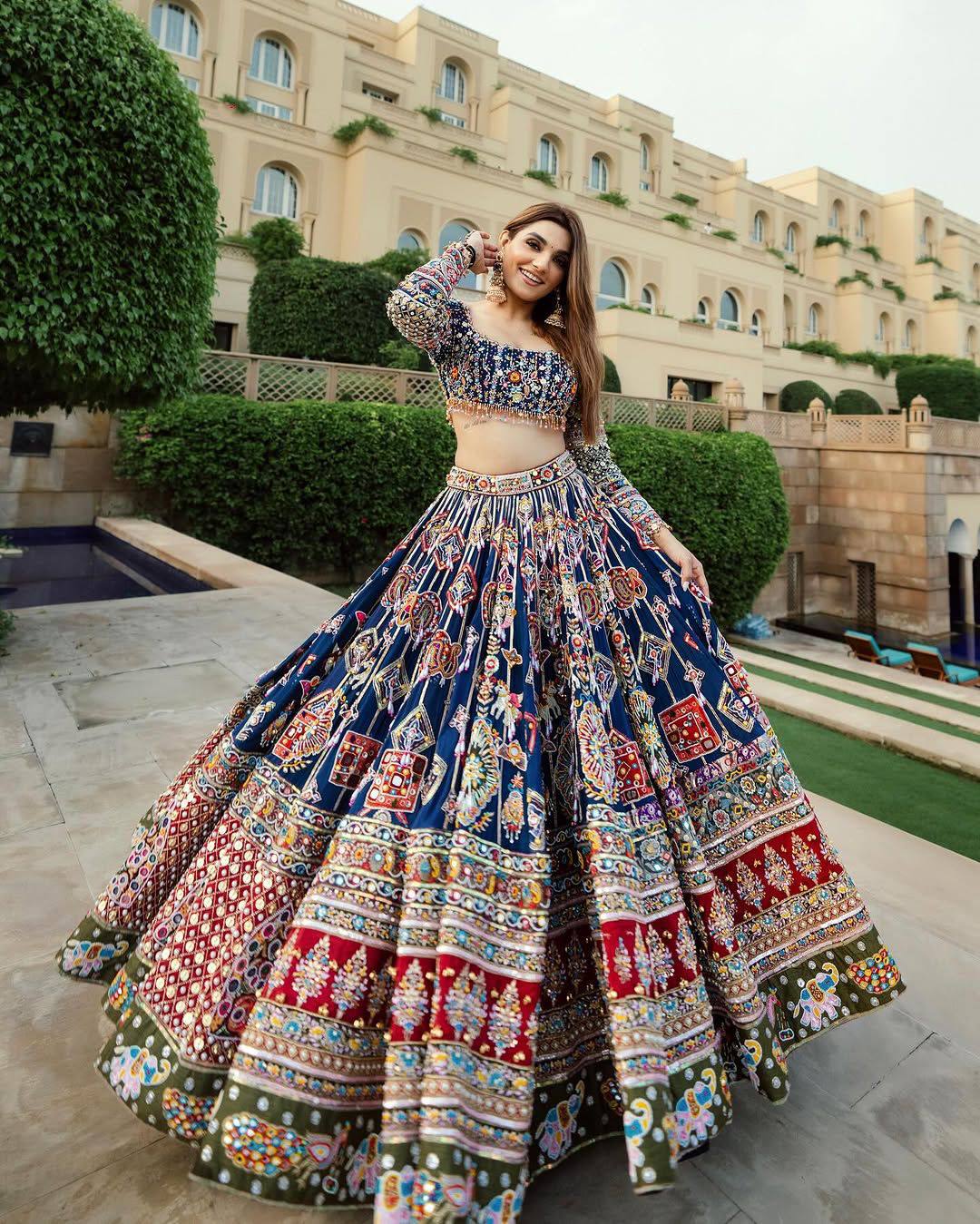 Blue Digital Printed Real Mirror Work Navratri Lehenga Choli