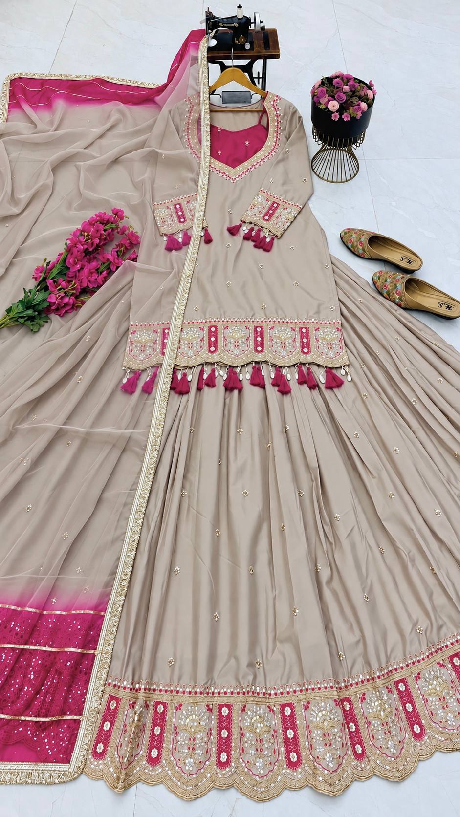 Champagne Beige & Pink Embroidered Lehenga Top with Dupatta
