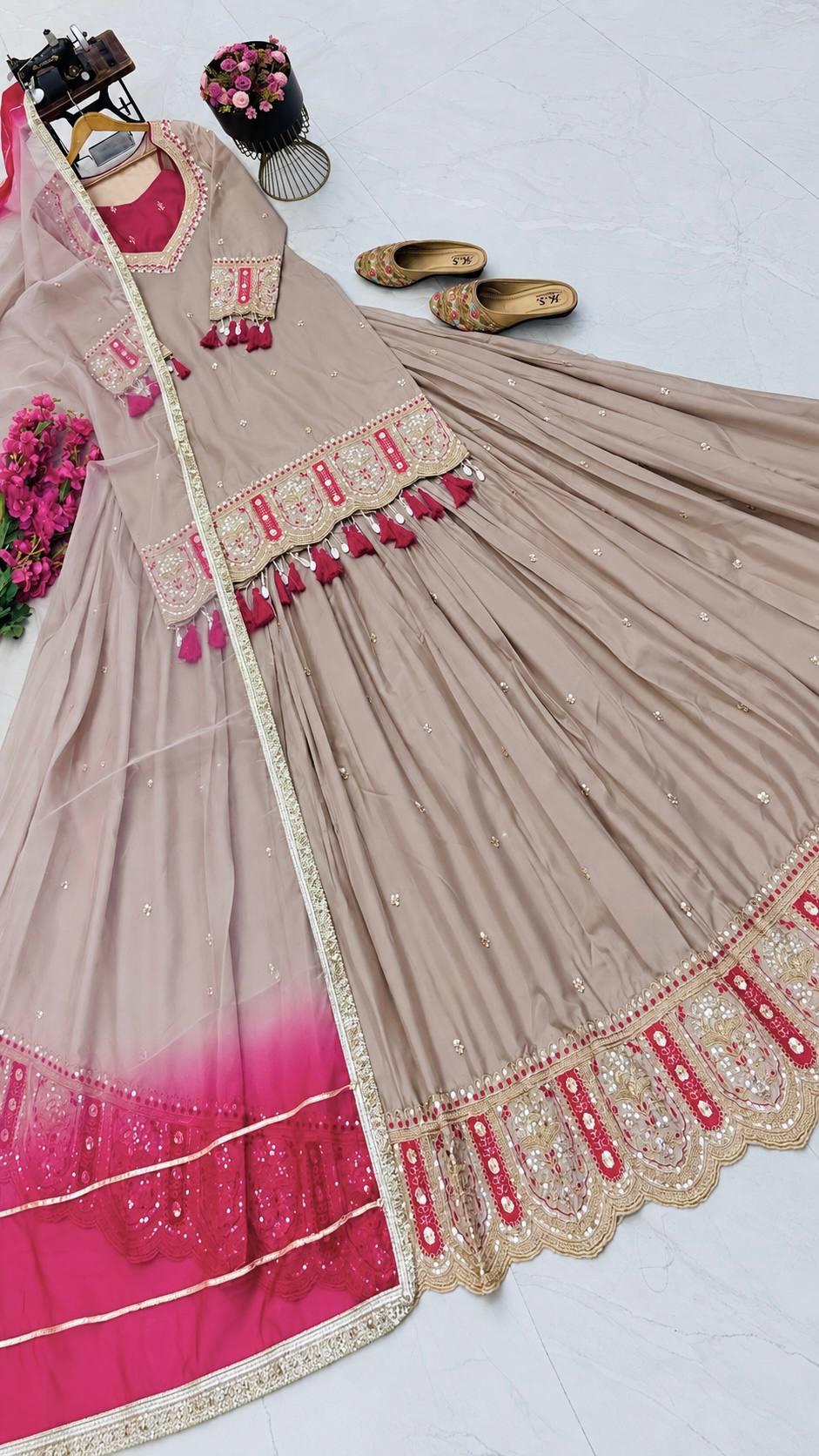 Champagne Beige & Pink Embroidered Lehenga Top with Dupatta