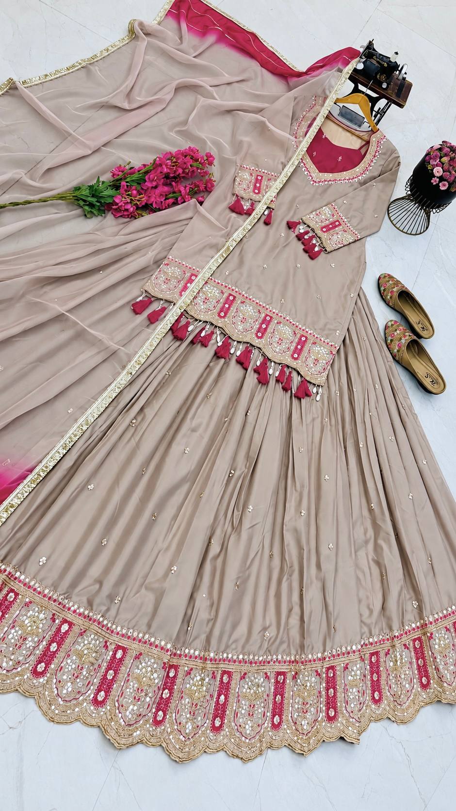 Champagne Beige & Pink Embroidered Lehenga Top with Dupatta