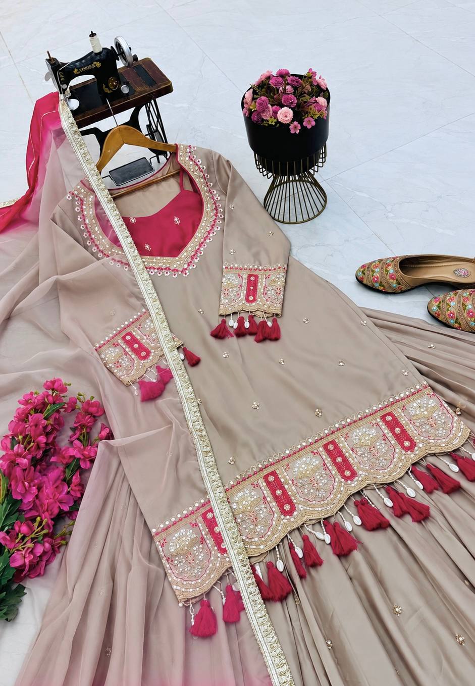 Champagne Beige & Pink Embroidered Lehenga Top with Dupatta