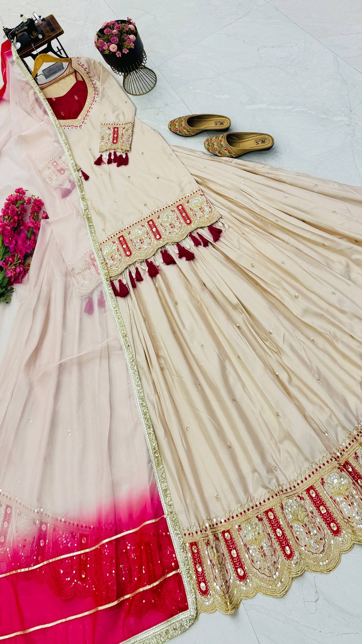 Ivory & Rani Pink Embroidered Lehenga Top with Dupatta