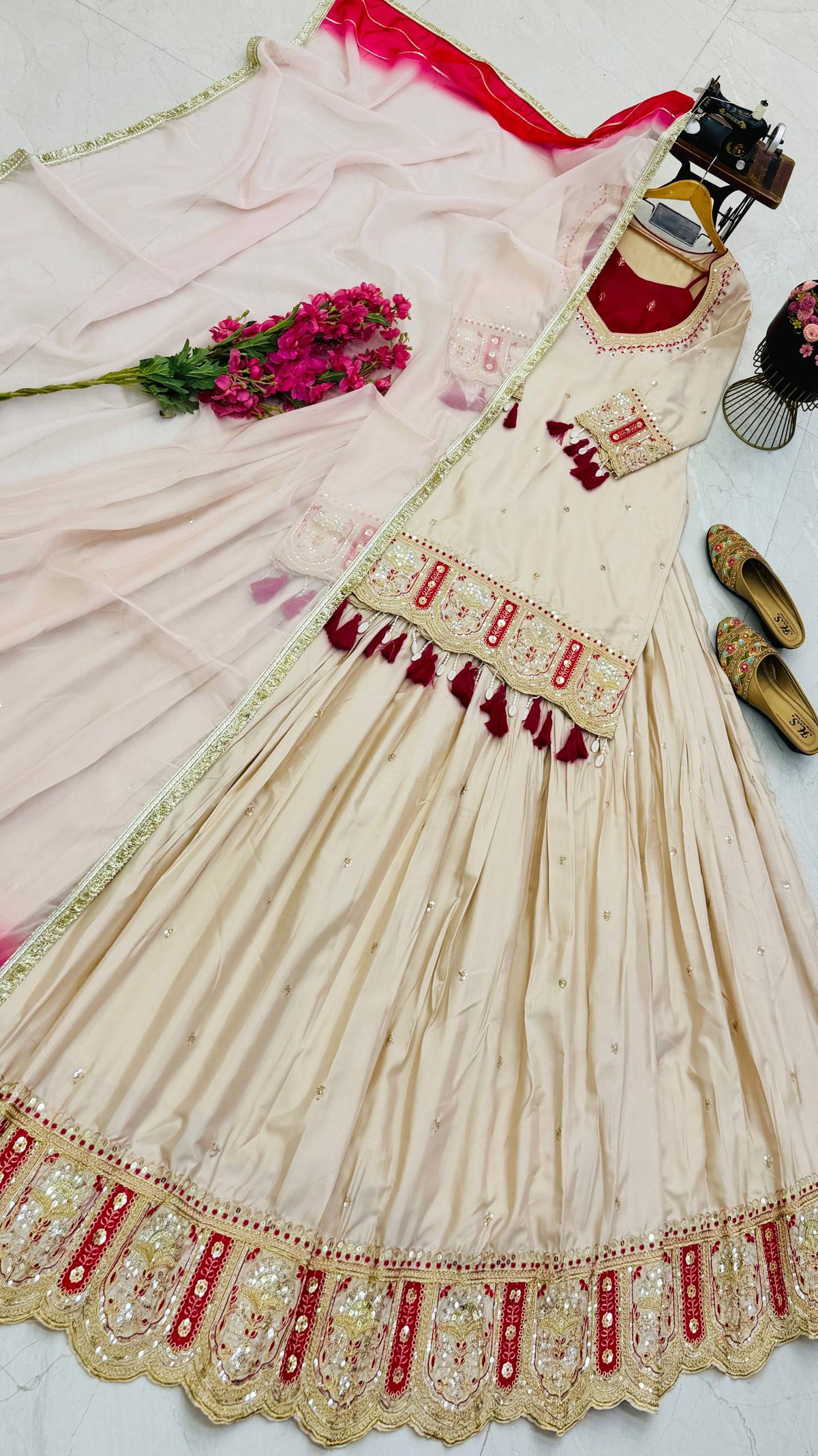 Ivory & Rani Pink Embroidered Lehenga Top with Dupatta