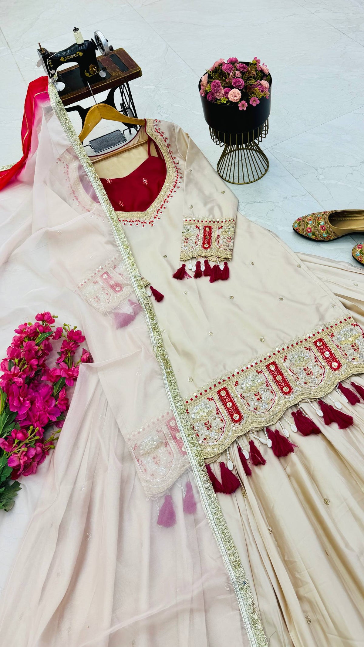 Ivory & Rani Pink Embroidered Lehenga Top with Dupatta
