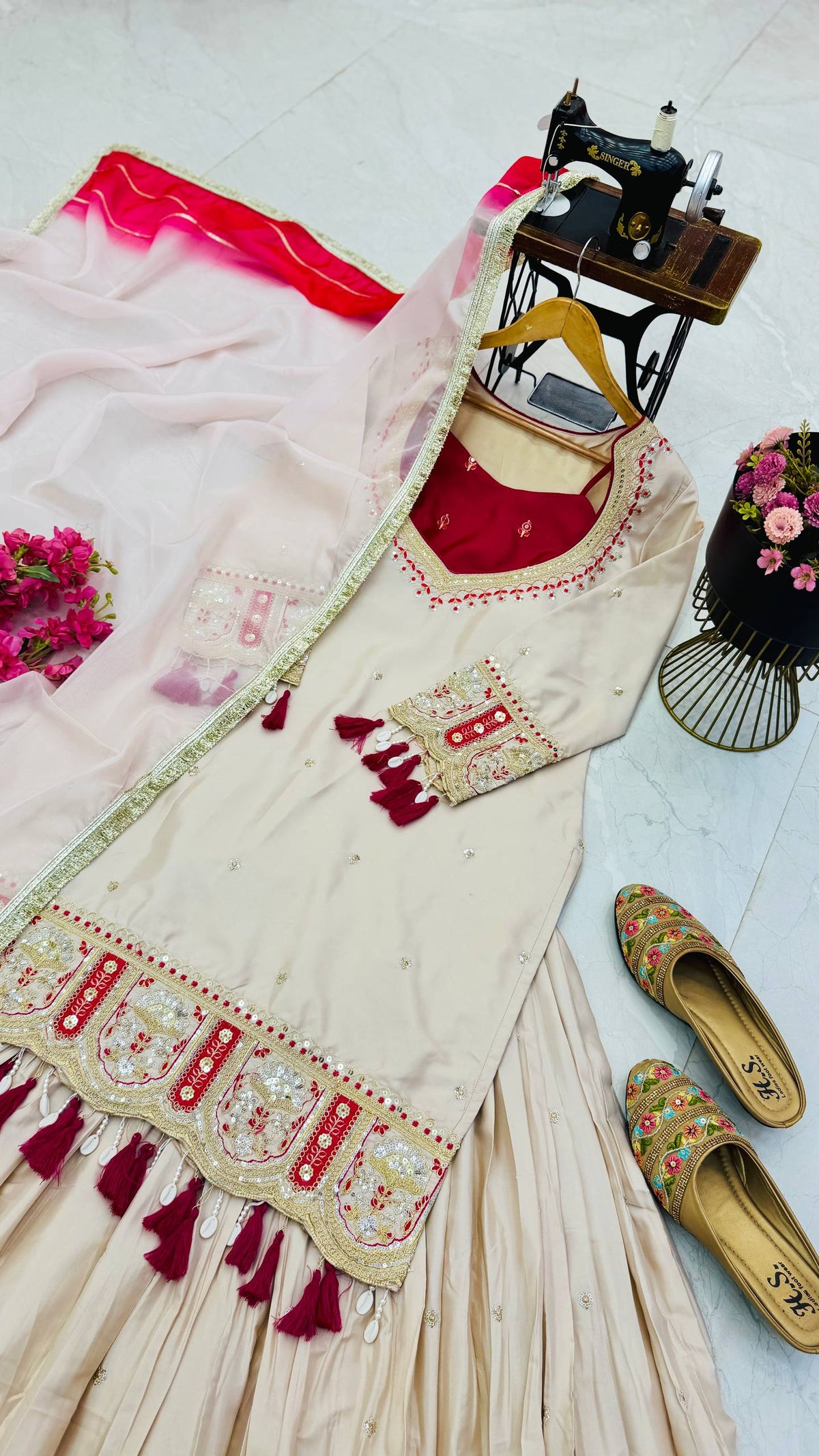 Ivory & Rani Pink Embroidered Lehenga Top with Dupatta