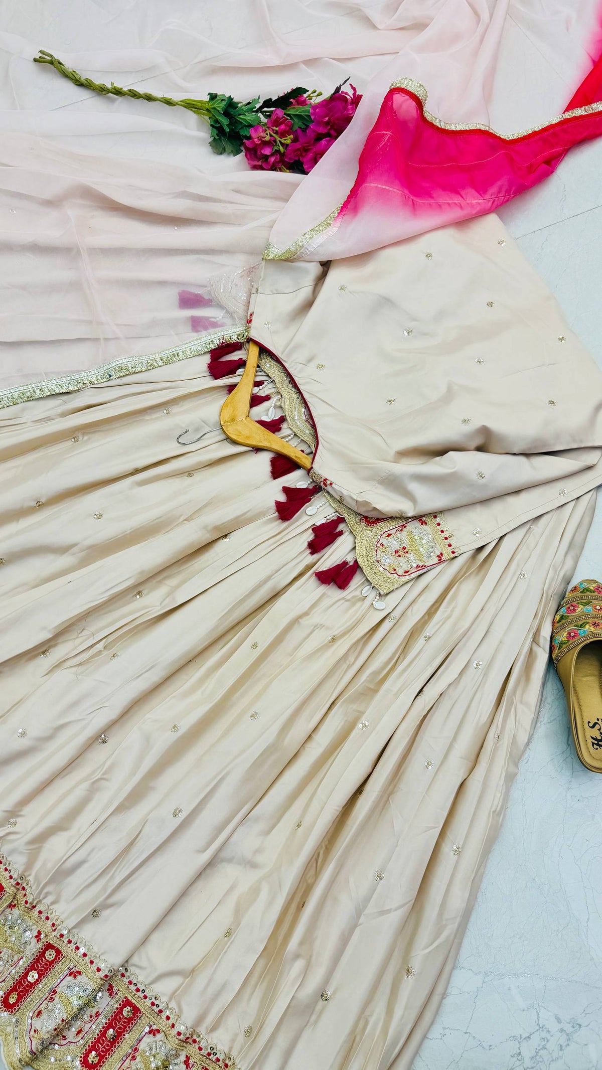 Ivory & Rani Pink Embroidered Lehenga Top with Dupatta