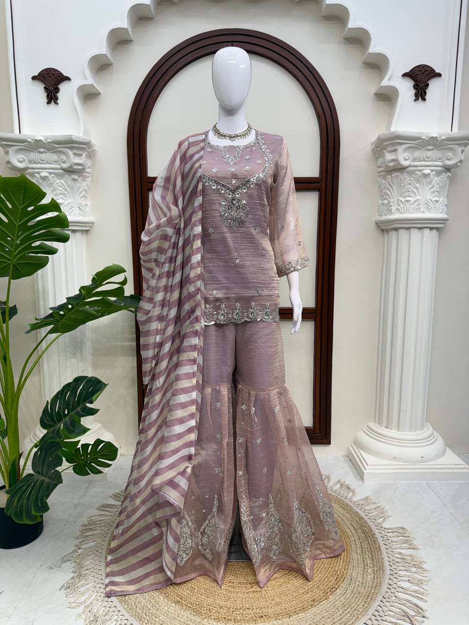 Dusty Mauve Pink Silver Embroidered Sharara Suit with Striped Dupatta