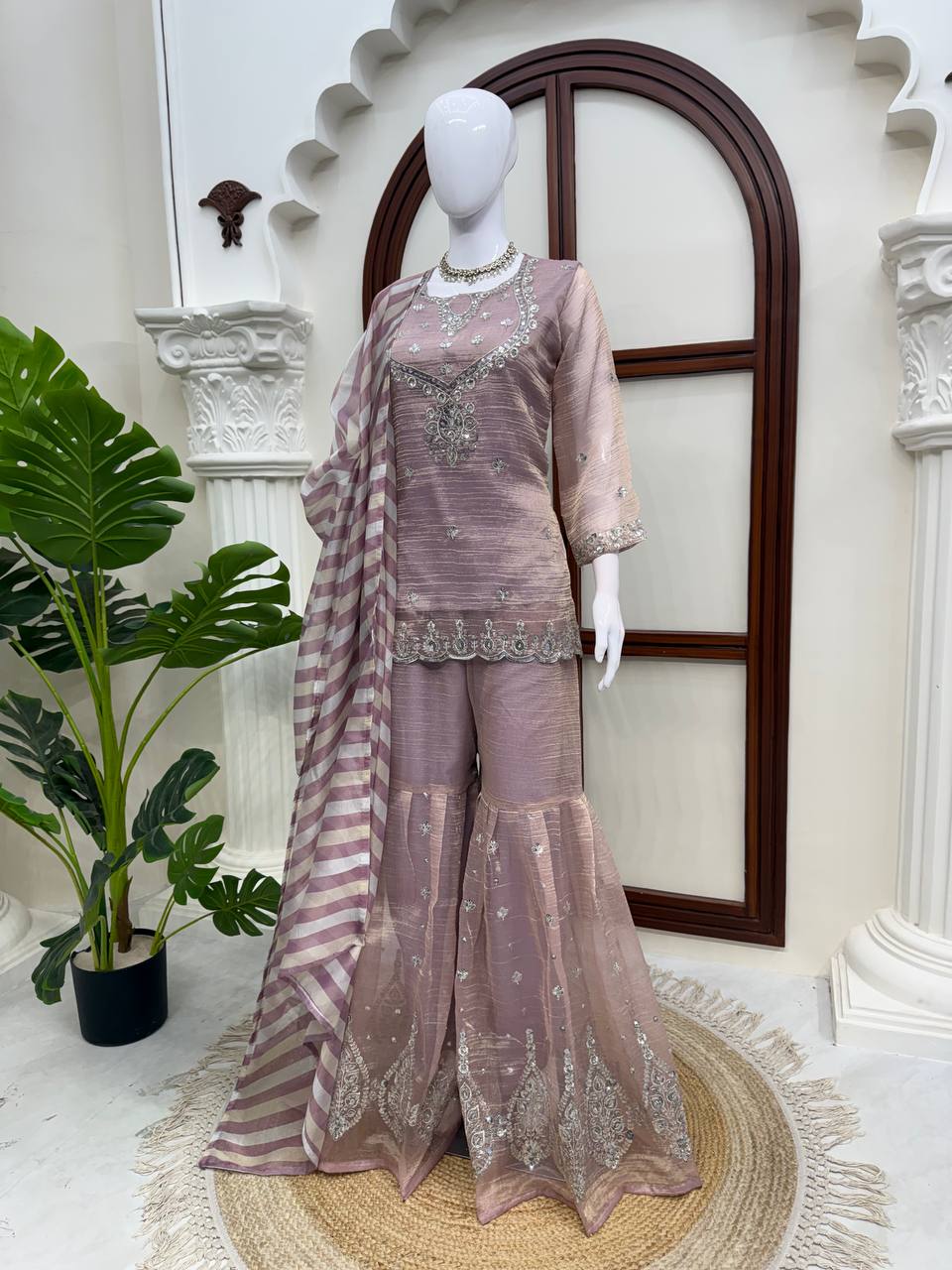 Dusty Mauve Pink Silver Embroidered Sharara Suit with Striped Dupatta