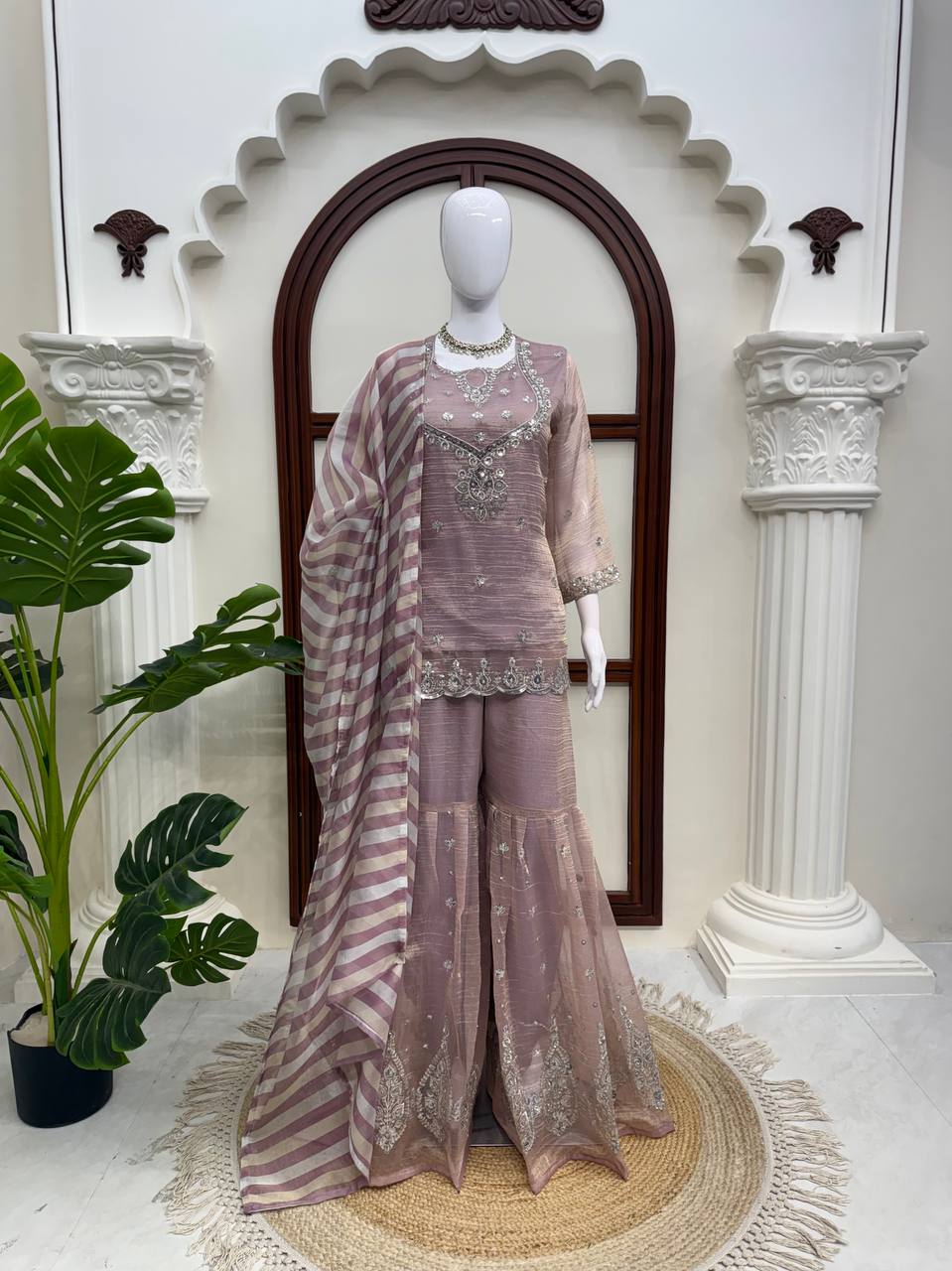 Dusty Mauve Pink Silver Embroidered Sharara Suit with Striped Dupatta