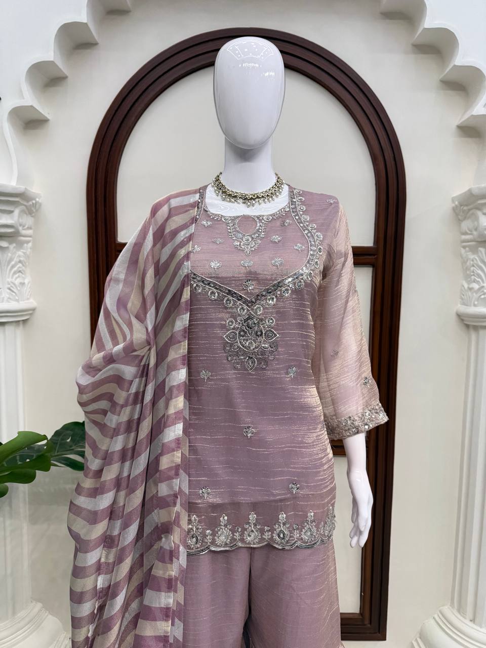 Dusty Mauve Pink Silver Embroidered Sharara Suit with Striped Dupatta
