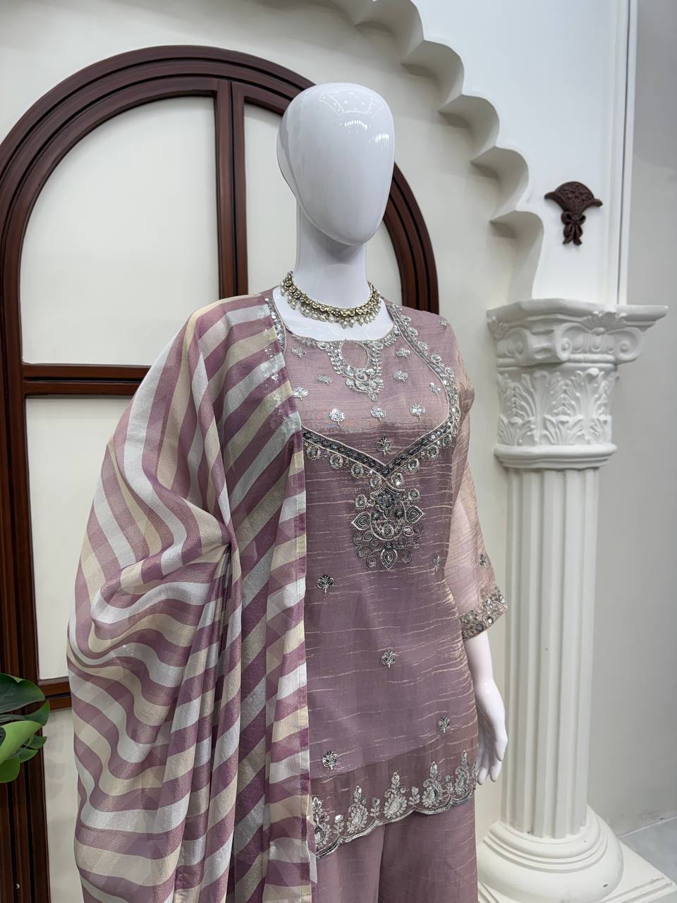 Dusty Mauve Pink Silver Embroidered Sharara Suit with Striped Dupatta
