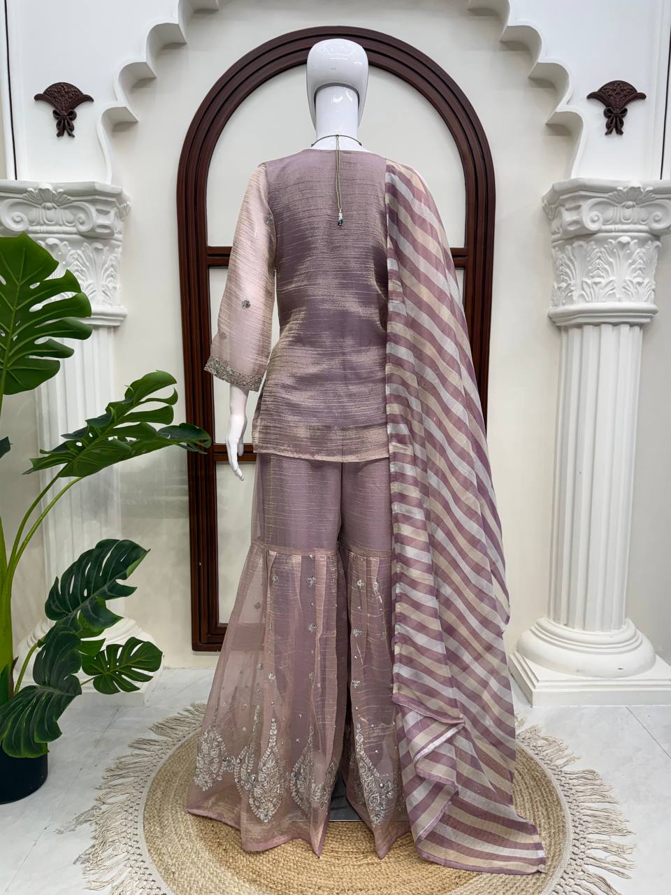 Dusty Mauve Pink Silver Embroidered Sharara Suit with Striped Dupatta