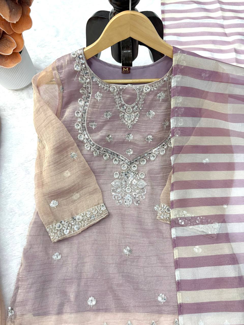 Dusty Mauve Pink Silver Embroidered Sharara Suit with Striped Dupatta