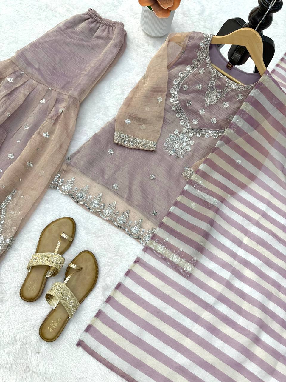 Dusty Mauve Pink Silver Embroidered Sharara Suit with Striped Dupatta