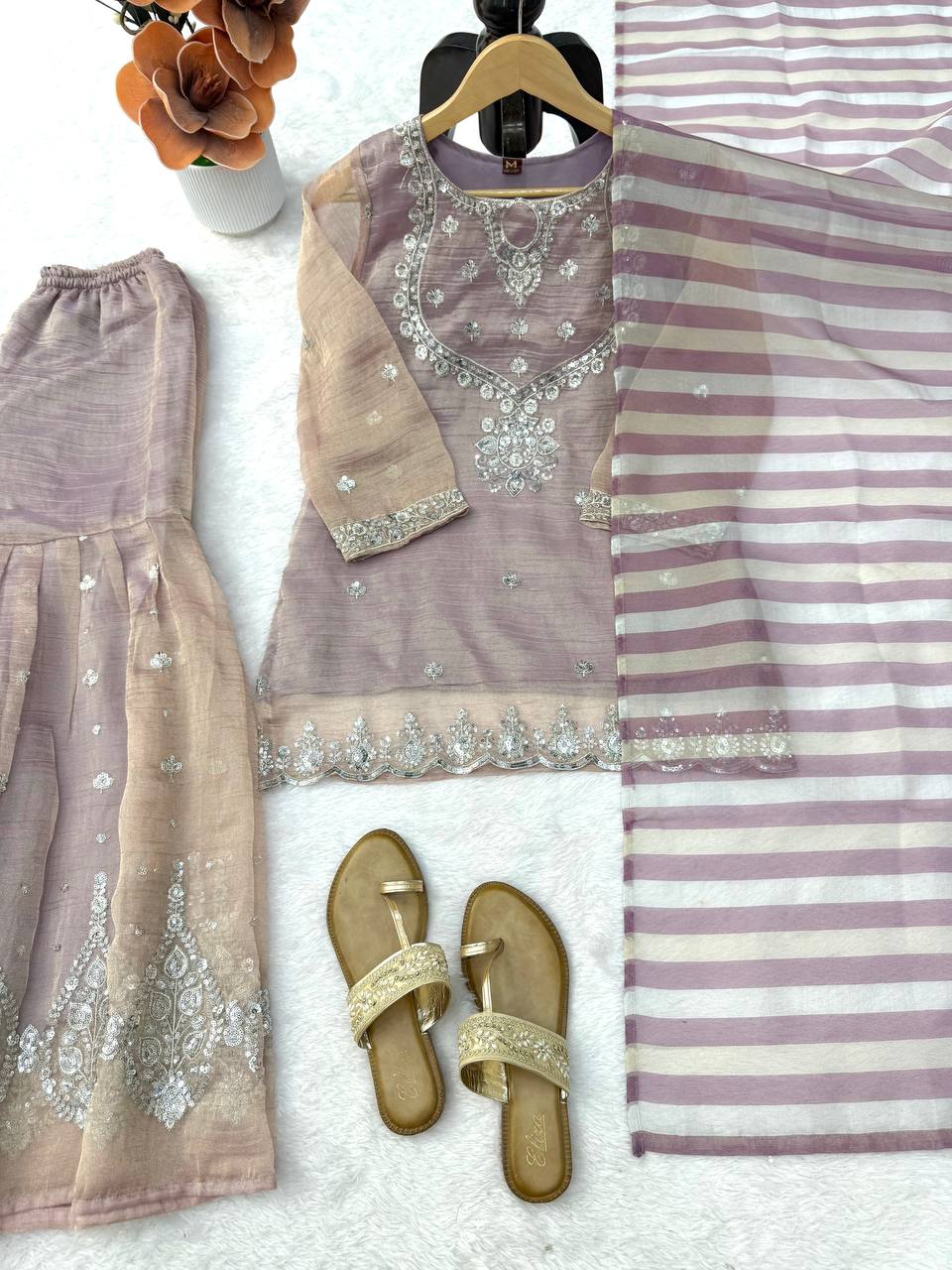 Dusty Mauve Pink Silver Embroidered Sharara Suit with Striped Dupatta