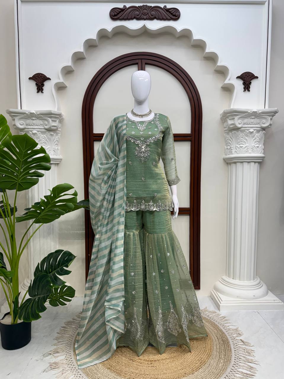 Sage Green Silver Embroidered Sharara Suit with Striped Dupatta