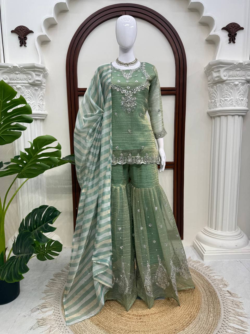 Sage Green Silver Embroidered Sharara Suit with Striped Dupatta