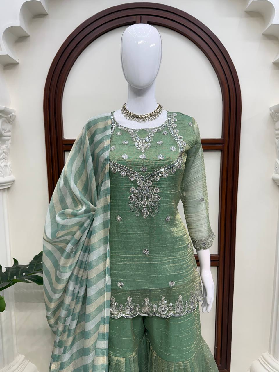 Sage Green Silver Embroidered Sharara Suit with Striped Dupatta